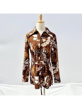 Vintage 70s Rusty Brown Psychedelic Tunic Top Small